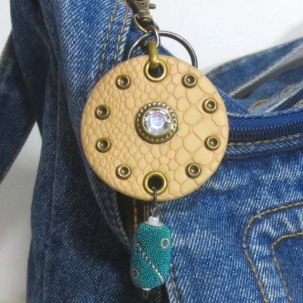New Handmade Keychain Bag Charm Beaded Boho Faux Leather Rhinestone Swivel Clip